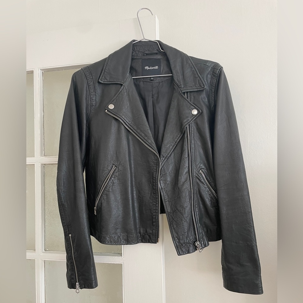 Madewell The Washed Leather Motorcycle Jacket in Black Size Large